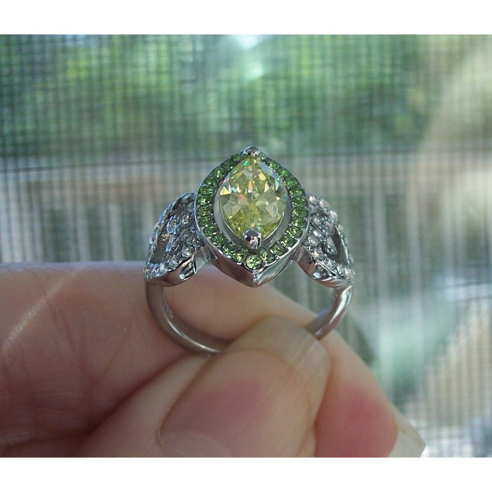 Marquise Simulated Peridot & Cubic Zirconia Ring Stainless Steel Women's - Picture 9 of 16